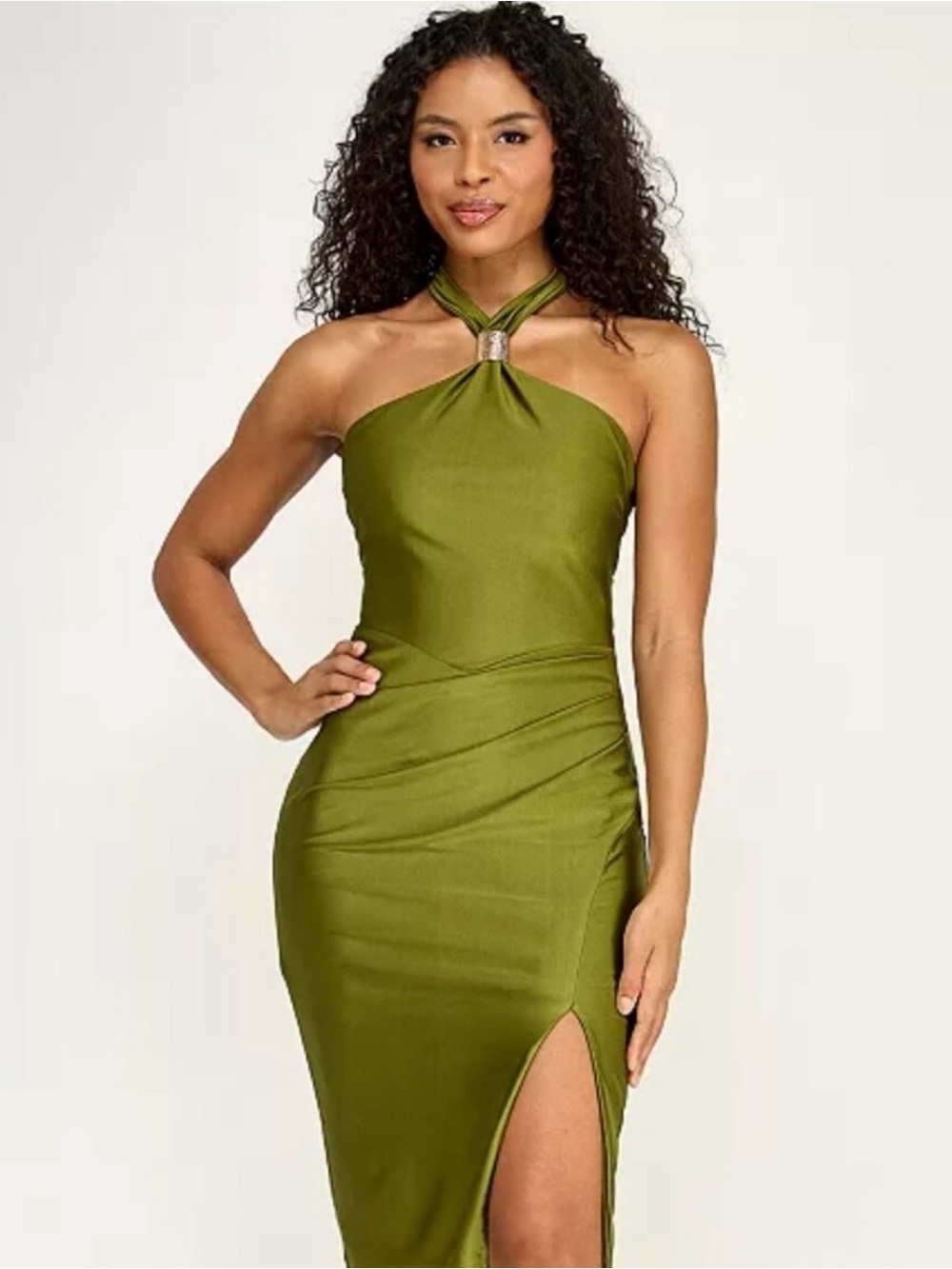 Olive Green Halter Draped Midi Dress with Gold Accent